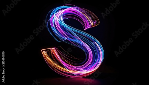 Light-painted 'S' shimmers; trails of colorful light against black create a dynamic, vibrant, letterform