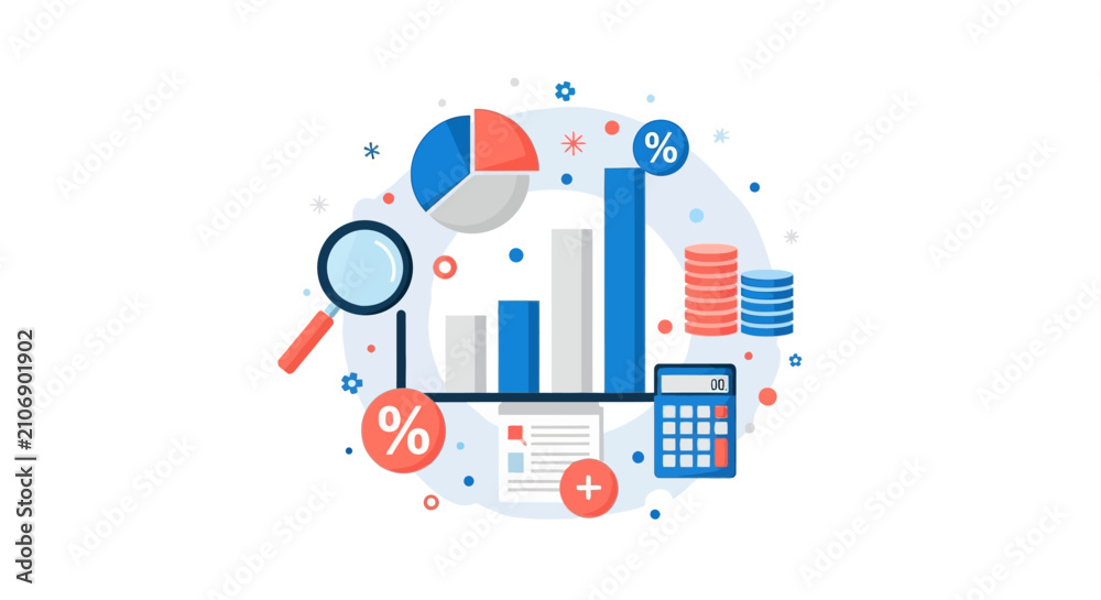 Fototapeta premium Business Data Analysis and Financial Planning Concept Vector Illustration with Bar Charts, Pie Charts, Calculator, and Investment Icons for Marketing and Reports