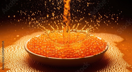 Golden Syrup Pouring into Bowl of Orange Caviar Pearls with Dynamic Splash on Dark Background