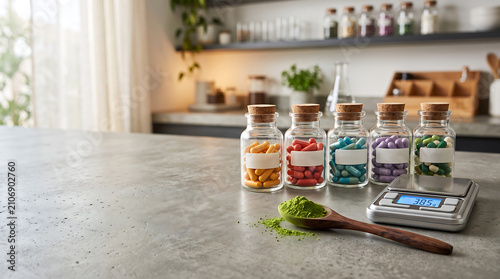 Modern biohacking nutrition corner featuring colorful supplement capsules and green superfood powder