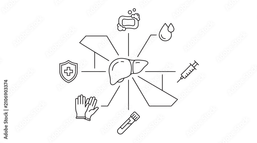 Fototapeta premium Vector illustration featuring a central liver icon surrounded by medical symbols like a syringe, soap, test tube, and protective shield, representing health and healthcare