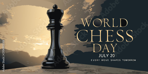 Billede på lærred Black Chess King Illustration With Scenic Background And Text Overlay