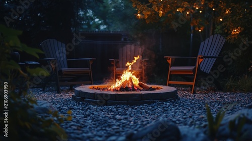 Cozy backyard fire pit with chairs. Outdoor stone firepit area for evening relaxation.