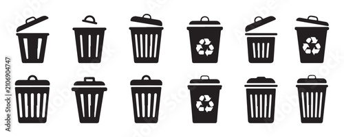 Fotografía Black silhouette icons of open and closed trash bins for waste management and environmental projects set