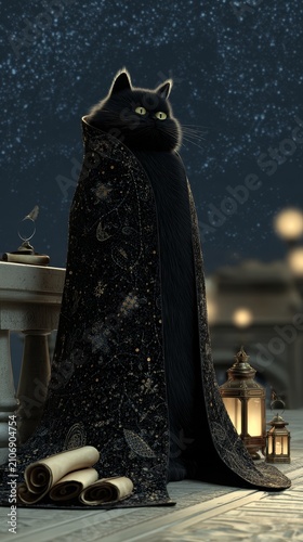 Mysterious black cat wearing a dark cloak stands beside scrolls and lanterns at night
