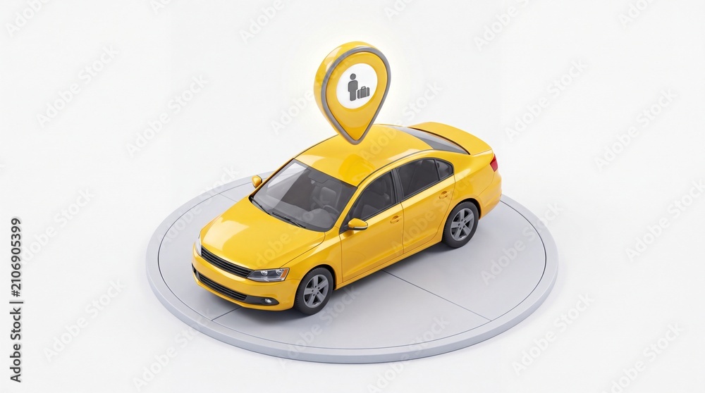 Fototapeta premium Yellow Car with Location Pin for Travel Pickup