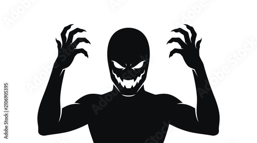 A menacing black silhouette figure with sharp claws and a glowing evil grin posing aggressively