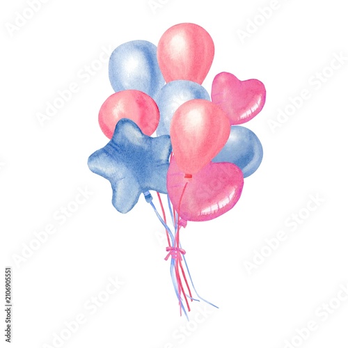 A bouquet of pink and blue helium balloons and heart-shaped stars, hand-painted in watercolor on an isolated background. Illustrations for baby shower party design, birthday gift
