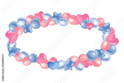 An oval wreath of pink and blue helium balloons and heart-shaped stars, hand-painted in watercolor on an isolated background. Illustrations for baby shower and birthday card and invitation design