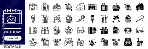 Birthday Icon Set - Outline and Flat Vector Icons Style - Vector Pack