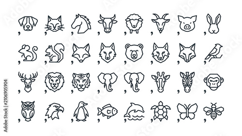 Photography Extensive set of simple line art animal icons featuring various domestic and wil