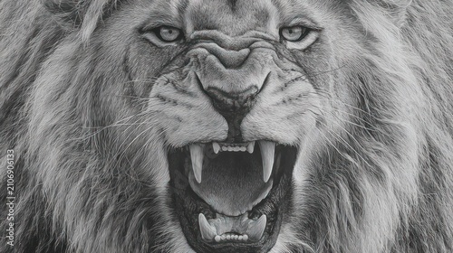 Roaring lion portrait in grayscale