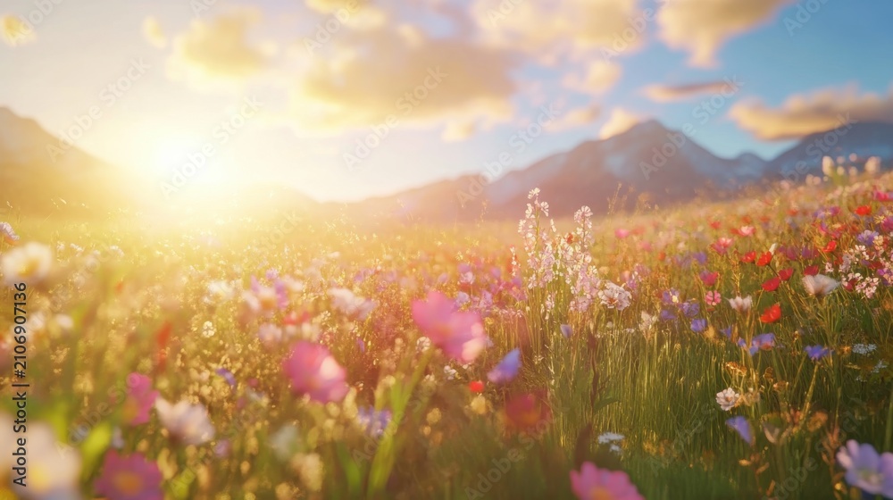 Obraz premium Wildflower field at golden hour. Scenic meadow landscape with sunset light and mountains.