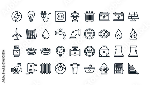 Collection of line icons representing diverse energy sources utilities and industrial infrastructure elements for modern technology projects