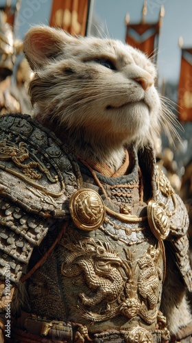 Siberian cat warrior in ornate armor with dragon motifs and banners in the