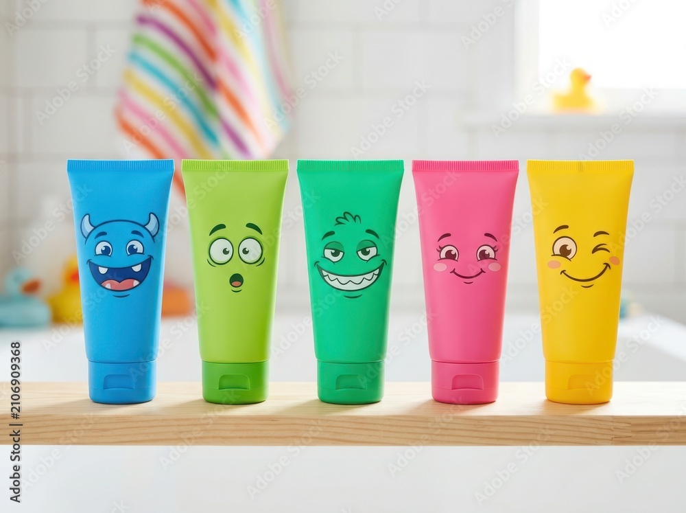 Fototapeta premium Five colorful cosmetic tubes with funny cartoon monster faces standing in a row in a bright bathroom setting for children skincare