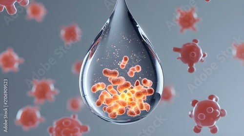 Virus particles inside a water droplet under microscope