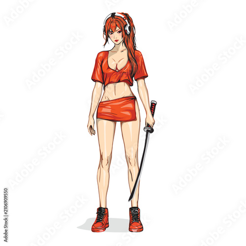 Anime Style Red Haired Female Warrior with Katana Headphones Full Body Vector Illustration