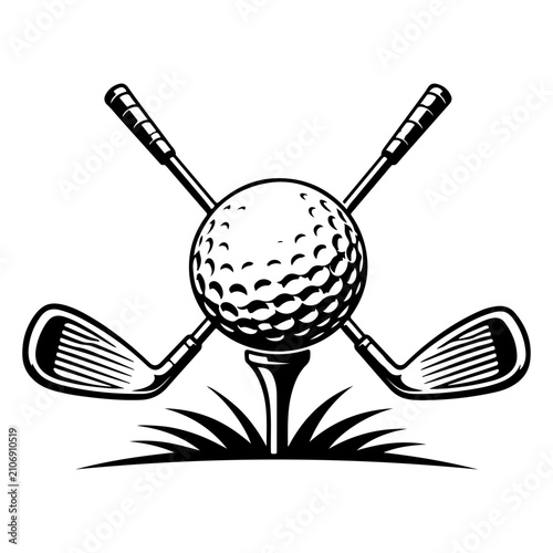 Crossed Golf Clubs with Ball in Grass Vector Illustration
