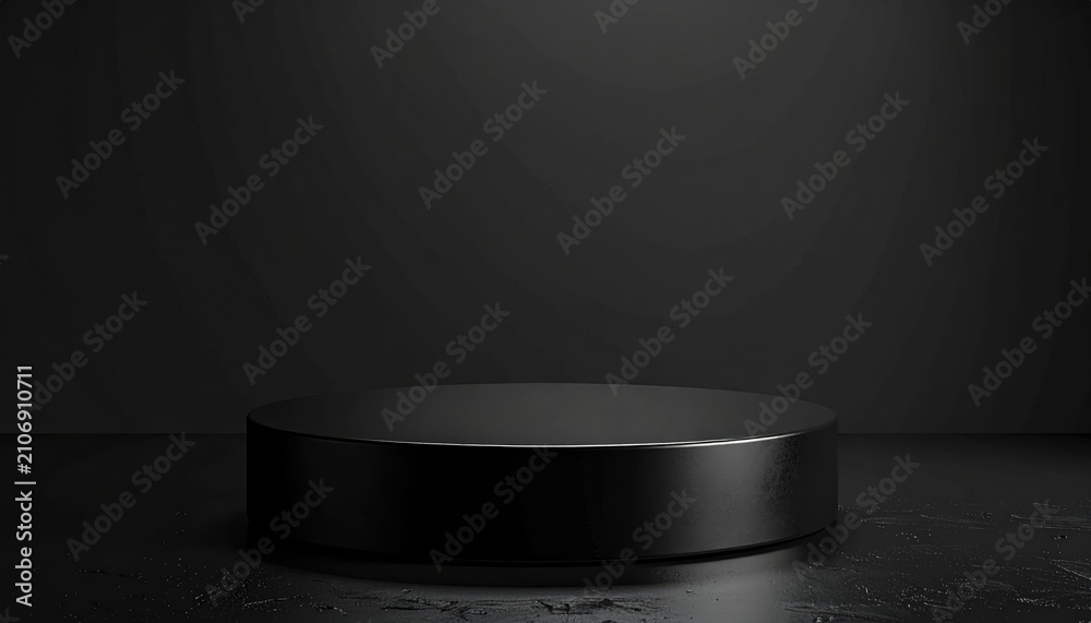 Fototapeta premium Dark background with a glossy black cylindrical stage. Ideal for product display or presenting objects