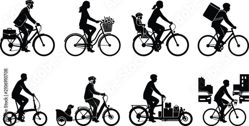 Bild auf Leinwand Collection of black commuter bicycle silhouettes featuring everyday urban life a