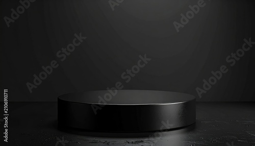 Dark background with a glossy black cylindrical stage. Ideal for product display or presenting objects