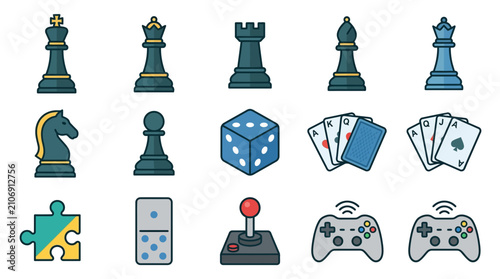 Collection of Game Icons: Chess, Cards, Dice, Dominoes, Puzzle, Joystick, Controllers