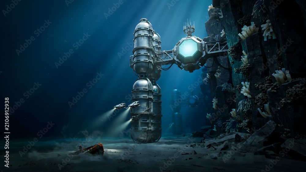 Naklejka premium Advanced Deep-Sea Exploration Submarine Near Ocean Floor with Light Beams