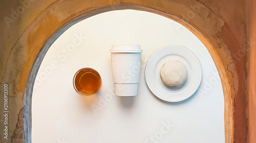 Overhead view of a hot beverage in a white paper cup with a sleeve next to a small pastry on a white plate, framed by an archway