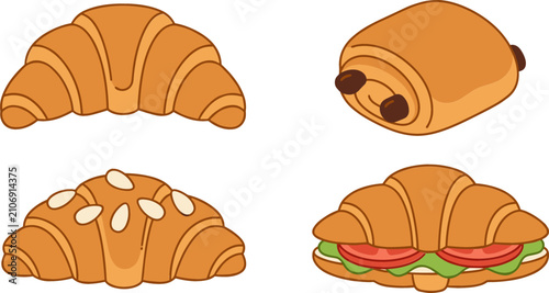 Konstfotografi Fresh French Bakery Pastry Vector Illustration Set Featuring Classic Plain Crois