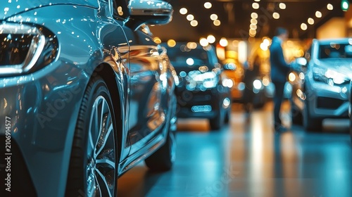 Shiny new cars in a dealership showroom