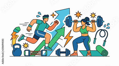 Energetic man running past upward arrows woman lifting weights