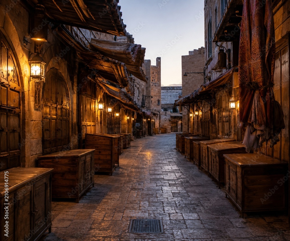 Fototapeta premium Historic Stone Alley Market Before Opening Hours