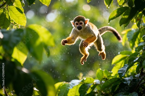 A squirrel monkey leaps through lush green foliage in a sunlit forest.