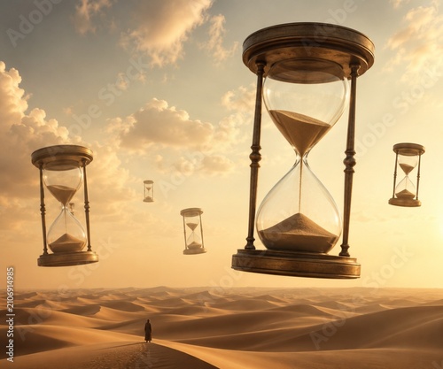 Surreal Floating Hourglasses Above Endless Sand Sea