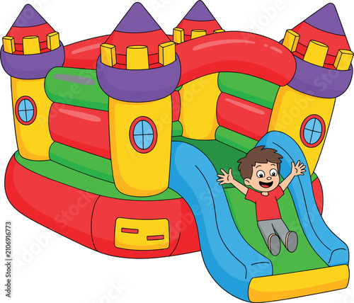 Colorful inflatable bouncy castle playground with happy child sliding on fun bounce house vector illustration