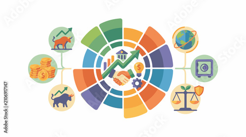 Financial concepts illustrated with icons and a colorful circular diagram