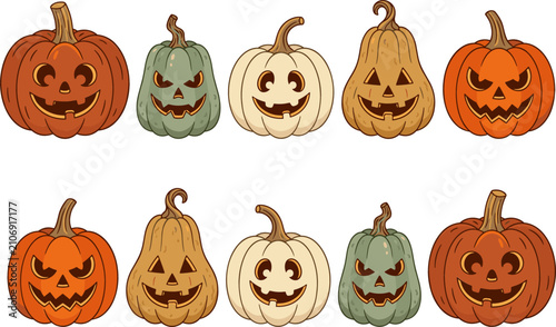 Bild auf Leinwand Halloween Spooky Jack O Lantern Pumpkin Vector Set with Scary and Funny Carved F