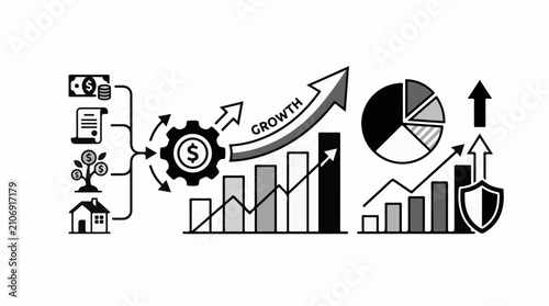 Financial concepts illustrated with icons growth savings home and security