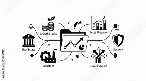 Financial concepts illustrated with icons stocks real estate industries security and more