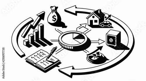 Financial cycle with money bag house car safe and notebook