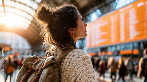 Woman with backpack looking at departures board at train station