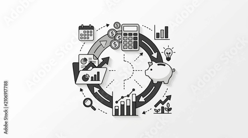 Financial cycle with planning saving growth and analysis icons