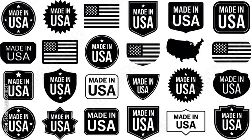 Konstfotografi Made in USA label collection featuring American flag icons black badge vector sticker set isolated on background