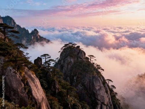 Mountain peaks rising above a sea of clouds at sunrise, with pine trees clinging to rocky cliffs