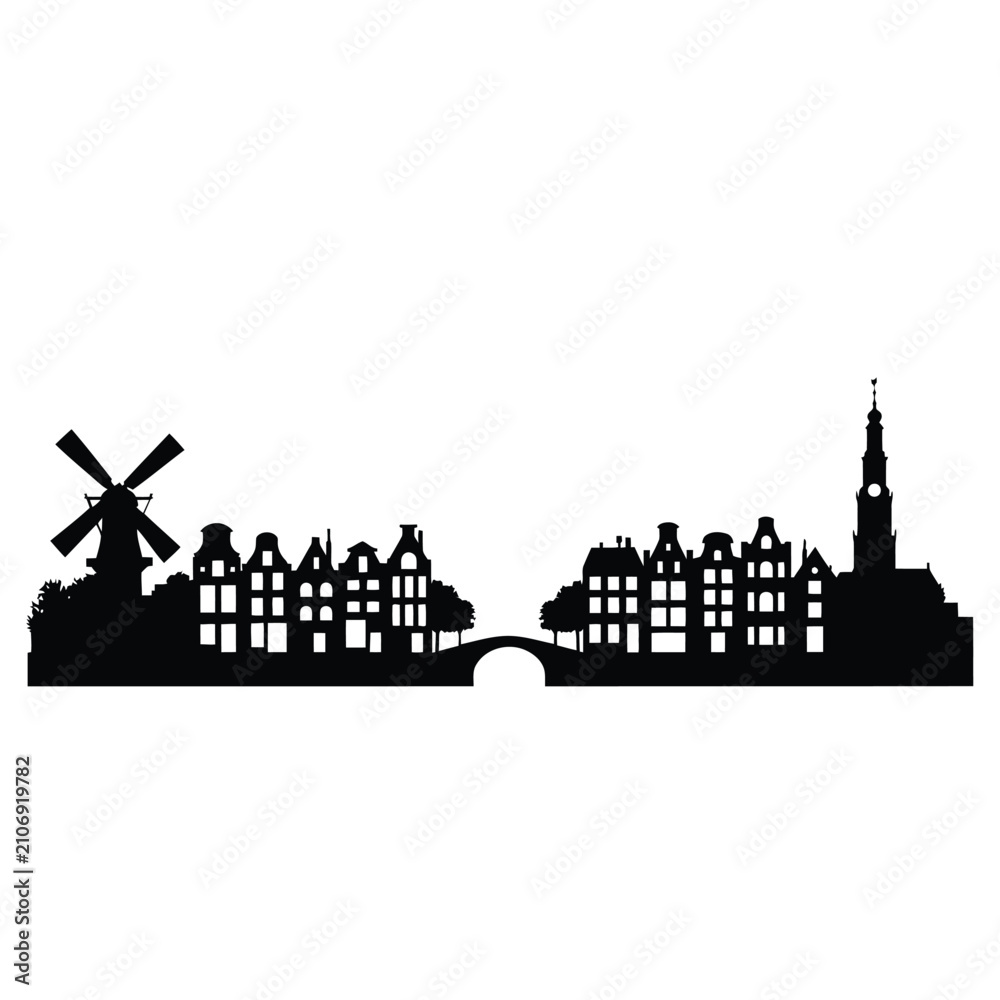 Obraz premium Cityscape Silhouette Against White Background Dutch Architecture Vector Illustration