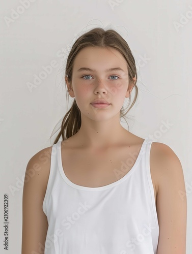 Portrait of a beautiful woman wearing white casual clothes standing against a neutral background