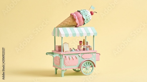 Colorful Ice Cream Cart with Delicious Treats and Whimsical Decoration on Soft Yellow Background