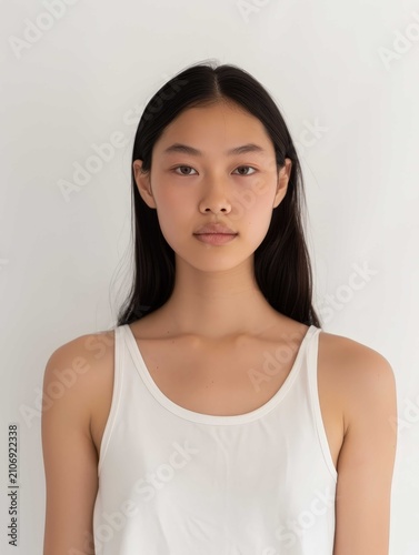 Portrait of a beautiful woman wearing white casual clothes standing against a neutral background
