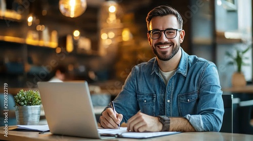 Smiling man with laptop and eyeglasses